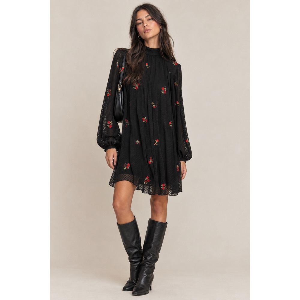 ASOS DESIGN Rose Embroidered Mock Neck Mini Dress Black Red Floral US 8